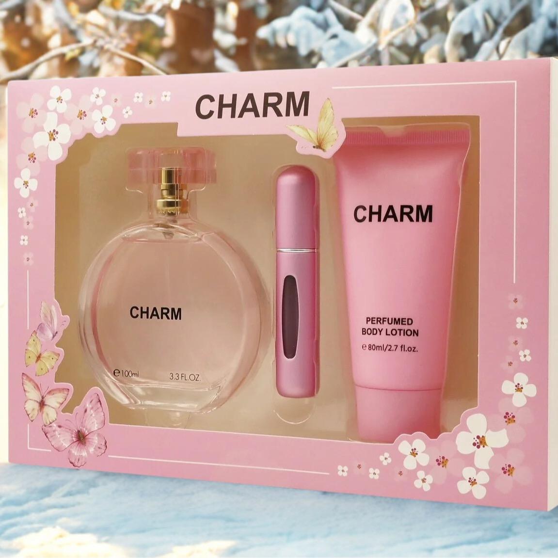 Charm Set - 3.4 oz Eau de Parfum, 0.6 oz Travel Spray, & 2.7 oz Perfumed Body Lotion
