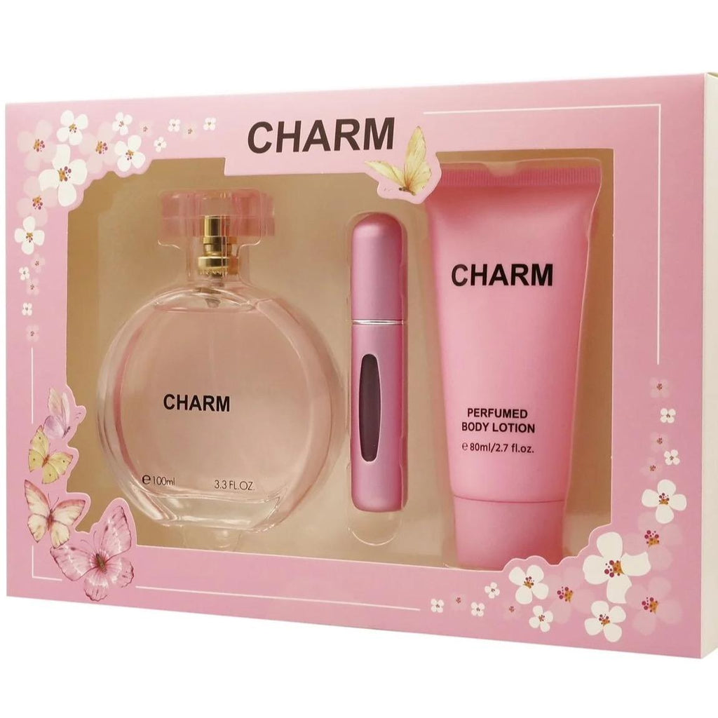 Charm Set - 3.4 oz Eau de Parfum, 0.6 oz Travel Spray, & 2.7 oz Perfumed Body Lotion