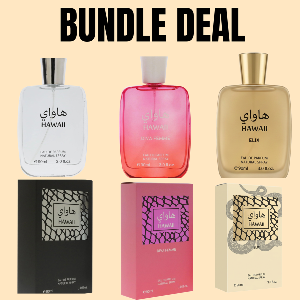 Hawaii Perfume Bundle Set – 3 x 90ml Eau de Parfum Fragrance Set – Hawaii, Diva Femme & Elix